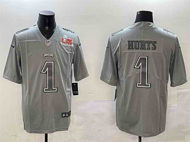Men's Philadelphia Eagles #1 Jalen Hurts Grey 2025 Super Bowl LIX Patch Atmosphere Fashion Vapor Untouchable Limited Stitched Football Jersey